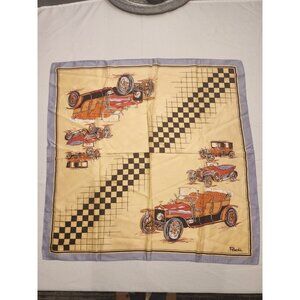 Vivid~Vintage 1970s/80s~PAOLI EURO FASHION SCARF~Antique Cars~Blue & Yellow